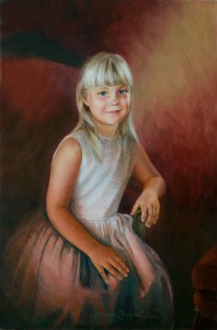 child portrait in oil of young girl in white with a red background