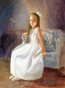 Oil portrait of a little girl sitting on a blue chair