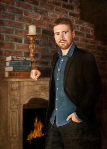 Original portrait painting of author by mantel with books