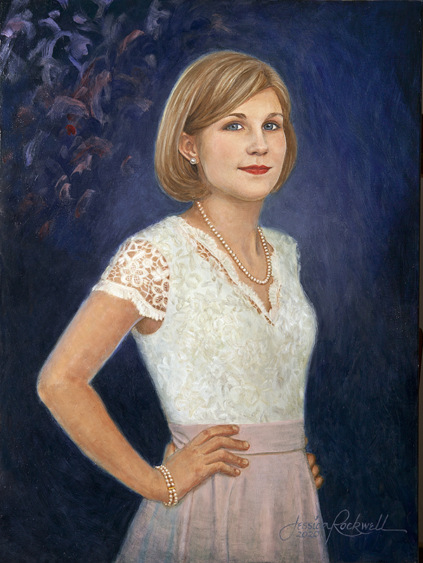 commissioned handmade portrait of a 14-year-old girl in white lace blouse and pink skirt